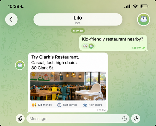 Lilo recommending a kid-friendly restaurant in chat